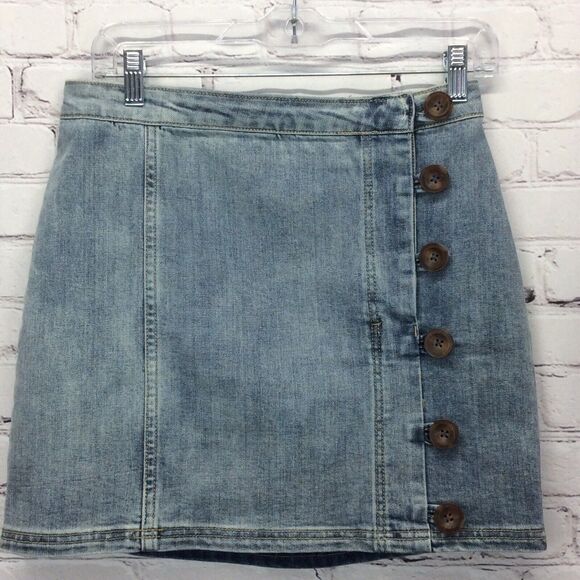Wishlist Blue Jean Mini Skirt Women's Size S Denim Faux Wrap Button Up Stretch - Picture 1 of 8